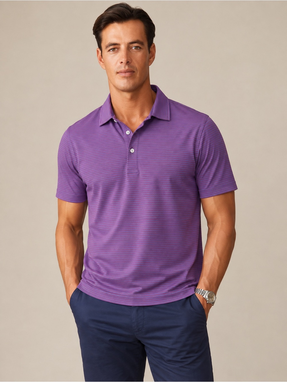 J.McLaughlin Men’s Blue Pink Striped Performance Polo Shirt Small 1077